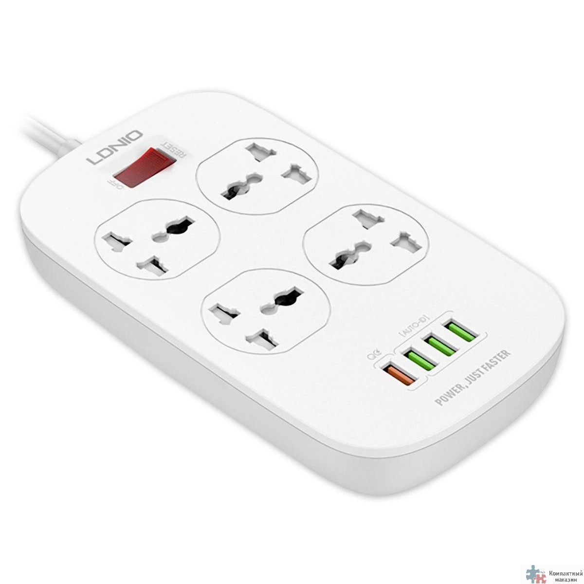 Perfeo LD_B4435  LDNIO SC4407Q/ Сетевой фильтр 2м/ 4  розетки EU_UK_US/ 2500W/ 4 USB+QC 3.0/  Выкл. на розетки/ White