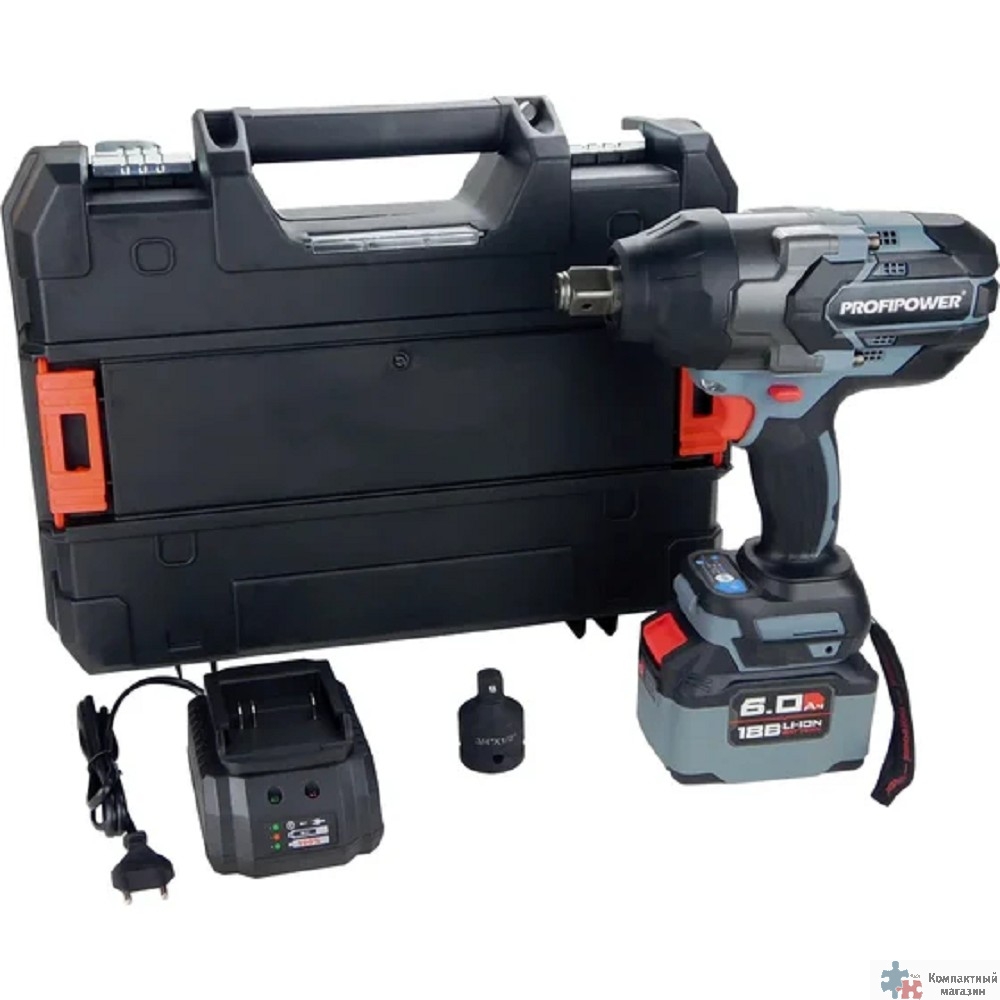 Аккумуляторный бесщеточный ударный гайковерт PROFIPOWER T-1200N (20В,Li-ion-1шт, 6.0Ач, 1200Нм, переходник 3/4"-1/2", З/У, в кейсе) [E0244]