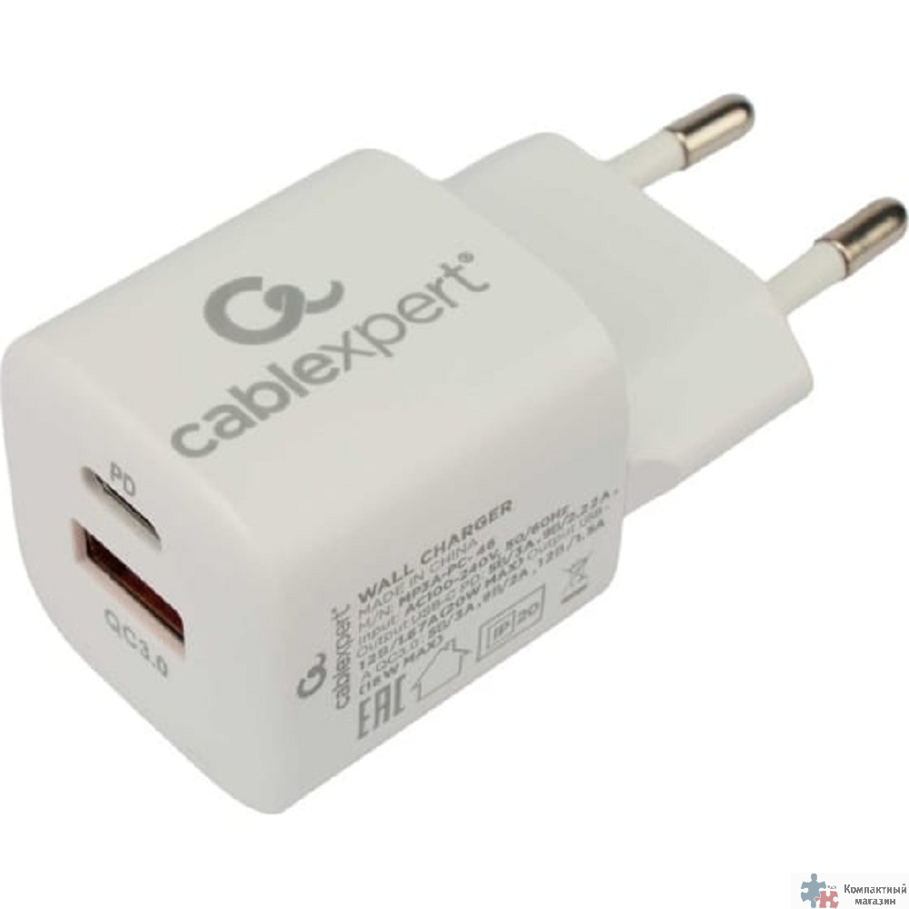 Cablexpert Зарядное устройство 20Вт, 3А, QC3.0/PD, 1xUSB, 1xType-C, белый, пакет (MP3A-PC-46)