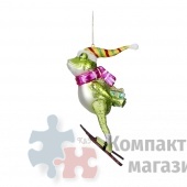 Подвеска на елку лягушка-лыжник зеленая 5,5*4*17 см