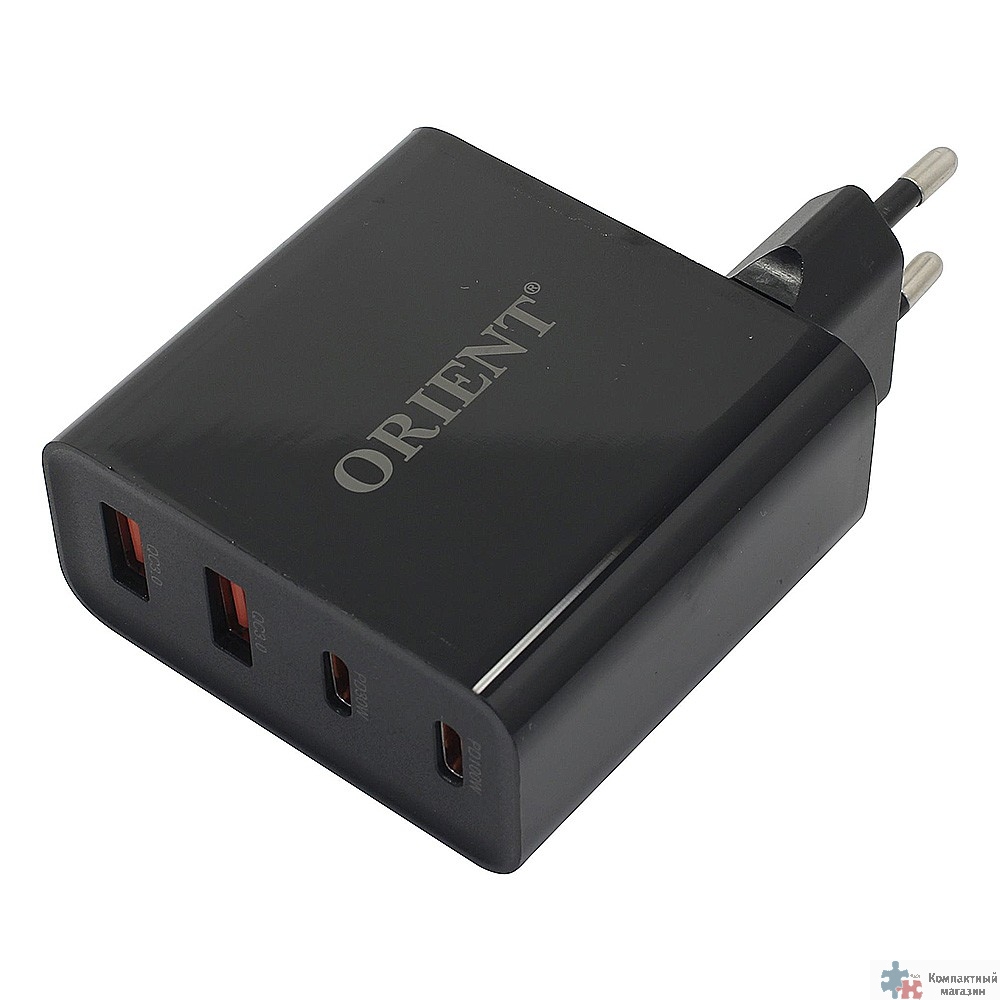 ORIENT PU-A100WL, Сетевое зарядное устройство с функцией быстрой зарядки, мощность 100Вт, Quick Charge 3.0+Power Delivery, выходы: 2xUSB-A + 2xType-C/PD, DC 5/9/12/15/20В, цвет черный (33168)
